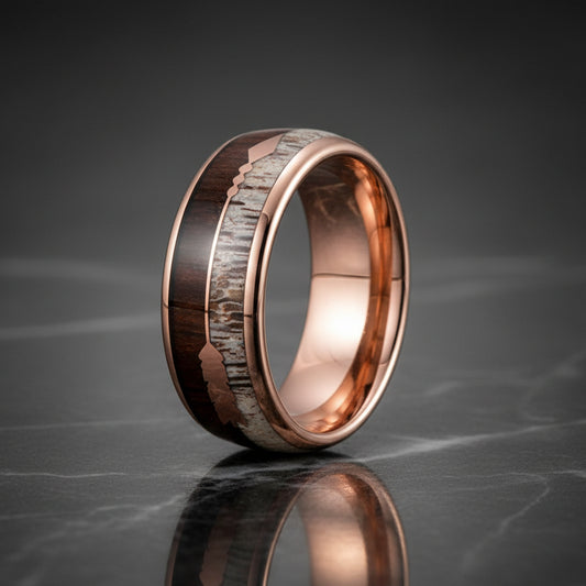 Arrow Deer Antler Koa Wood Inlay Tungsten Ring