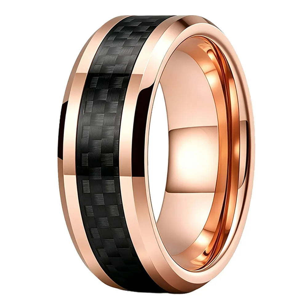 Beveled Tungsten Ring with Black Carbon Fiber Inlay