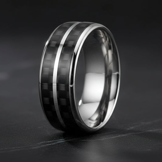 Black Carbon Fiber Double-Groove Tungsten Ring