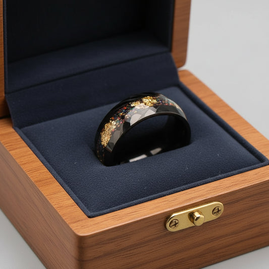 Black Damascus Steel Ring with Crushed Opal