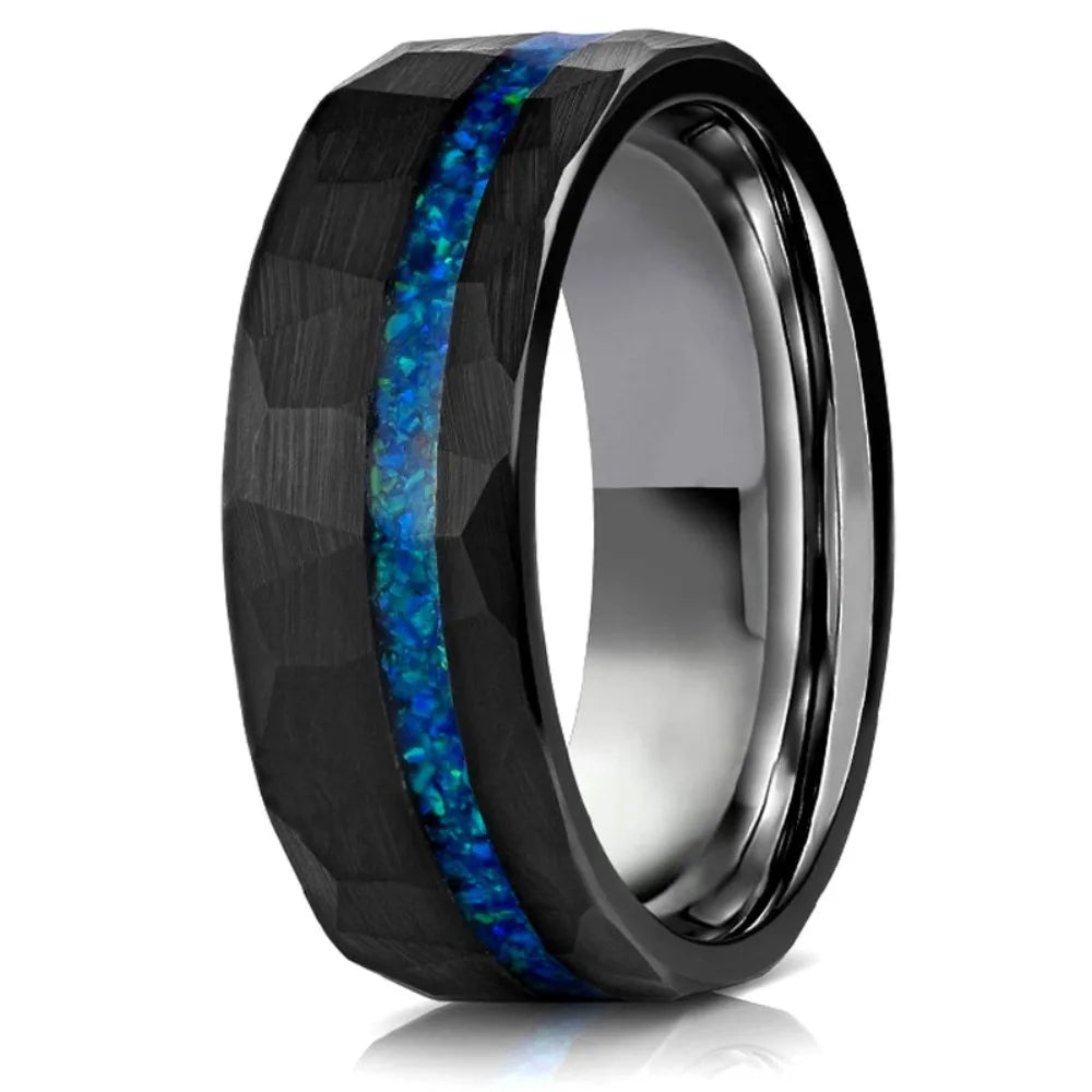Black Hammered Tungsten Ring with Blue Opal Inlay