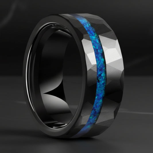 Black Hammered Tungsten Ring with Blue Auburn