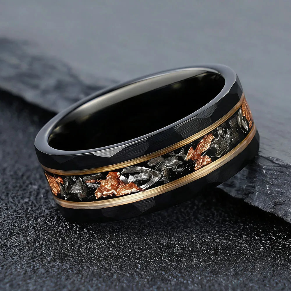 Black Hammered Tungsten Ring with Meteorite Inlay