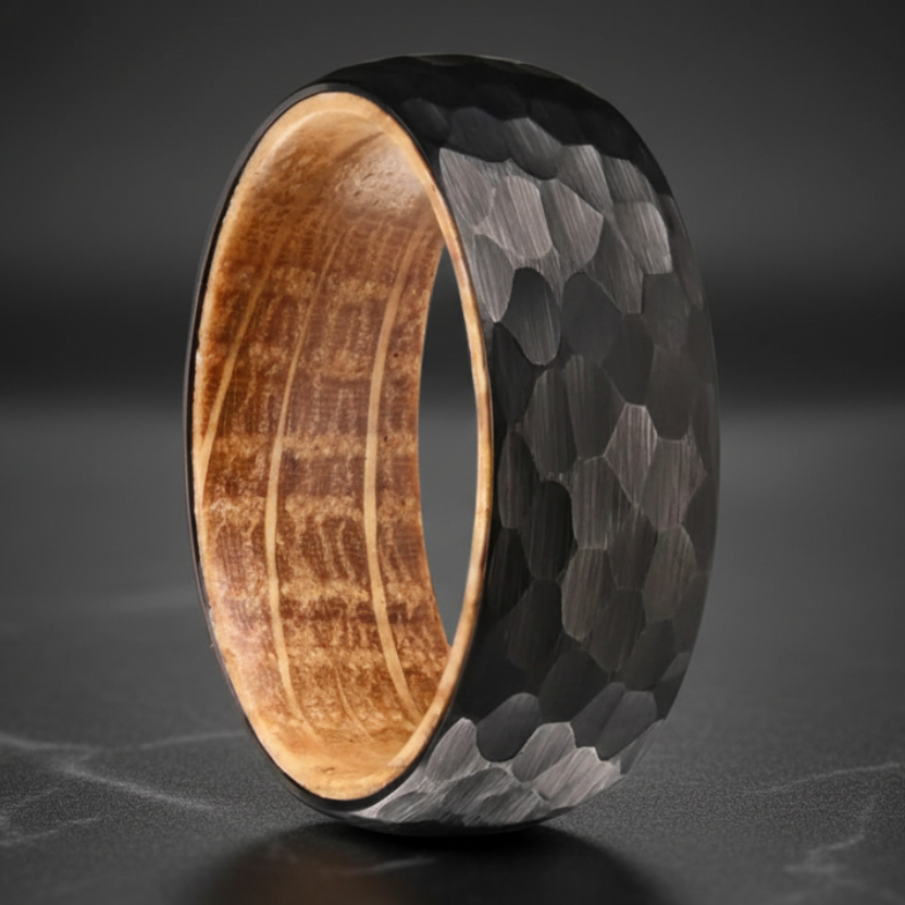 Black Hammered Whiskey Barrel Ring – Men’s 8mm Band