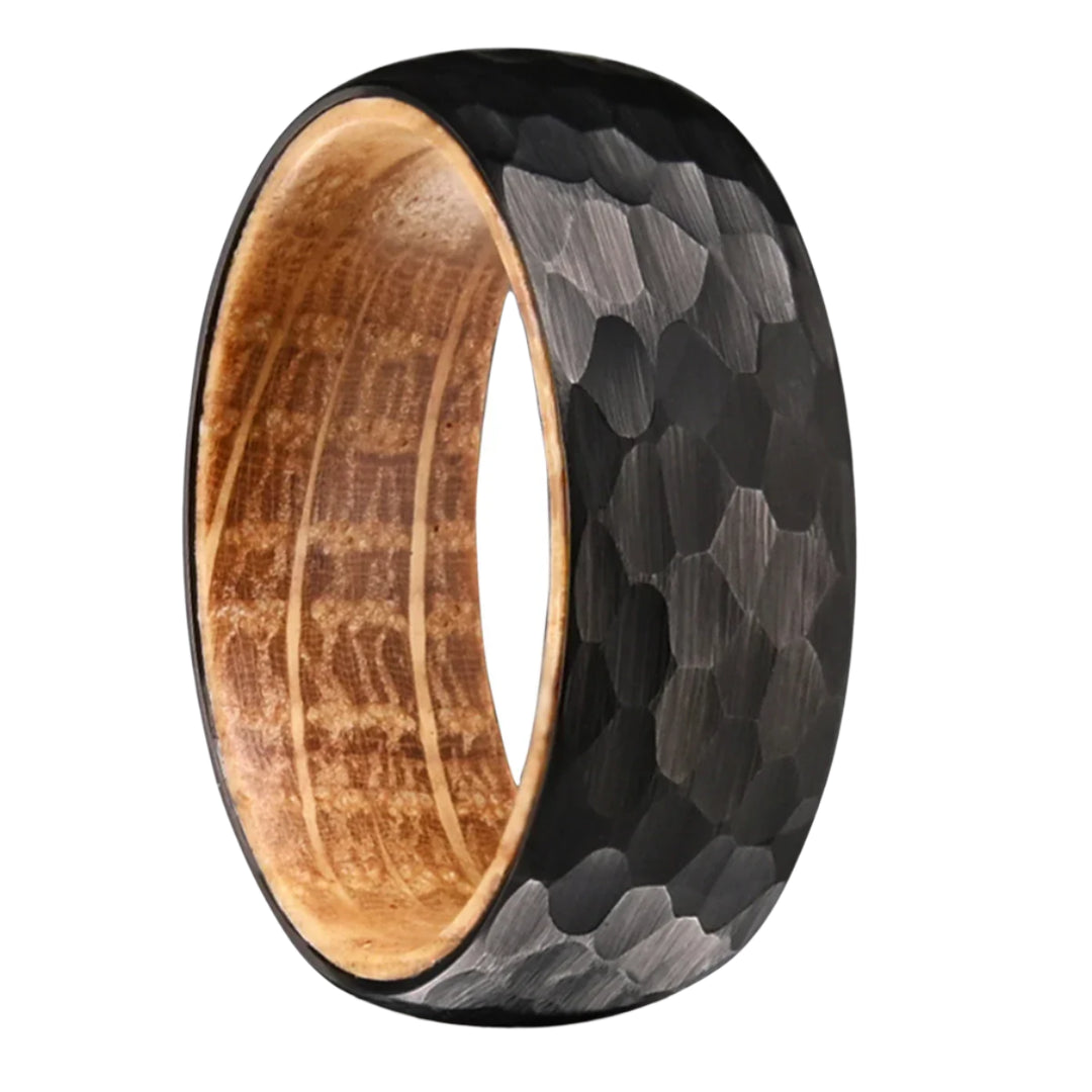 Black Hammered Whiskey Barrel Ring – Men’s 8mm Band