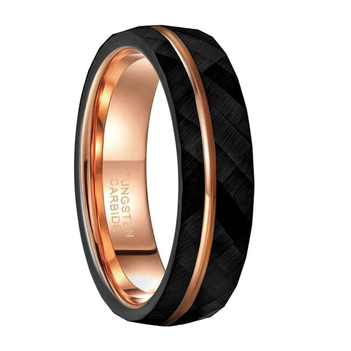 Black Thin Rose Gold tungsten Hammered Ring