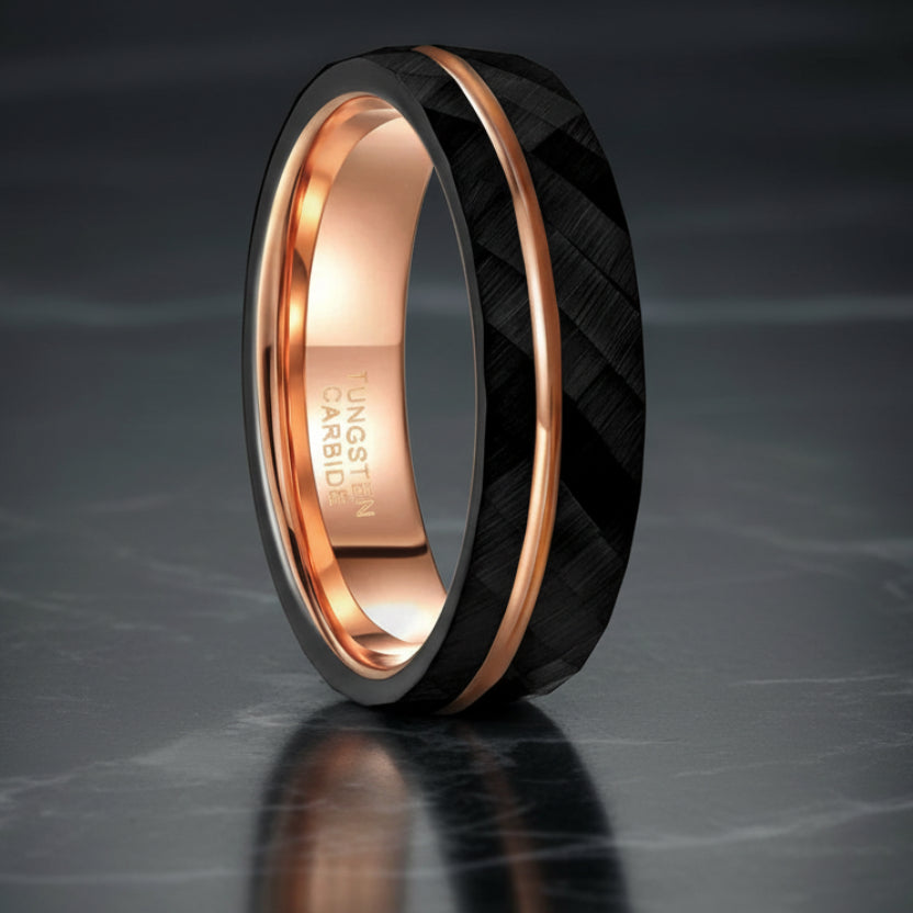 Black Thin Rose Gold tungsten Hammered Ring