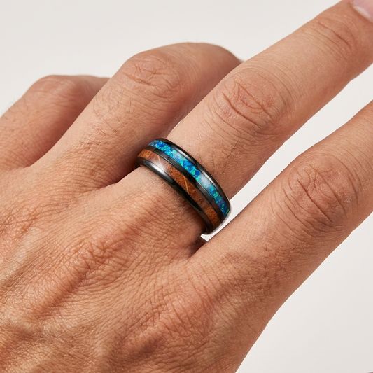 Black Tungsten Blue Opal and Koa Wood Inlay Ring