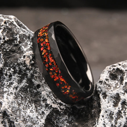 Black Tungsten Wedding Band with Red Opal Inlay