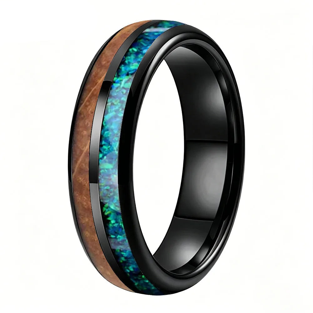 Black Tungsten Blue Opal and Koa Wood Inlay Ring