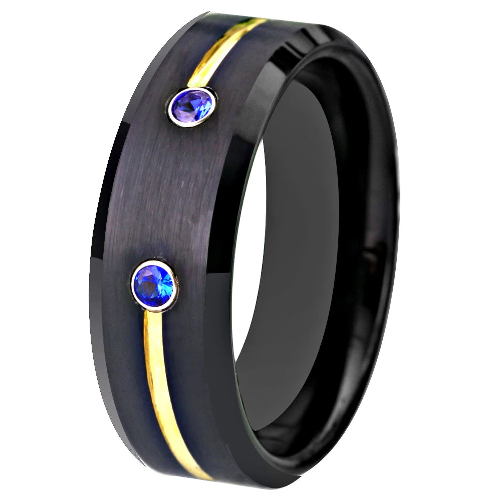 Black Tungsten Ring Golden Groove Blue CZ