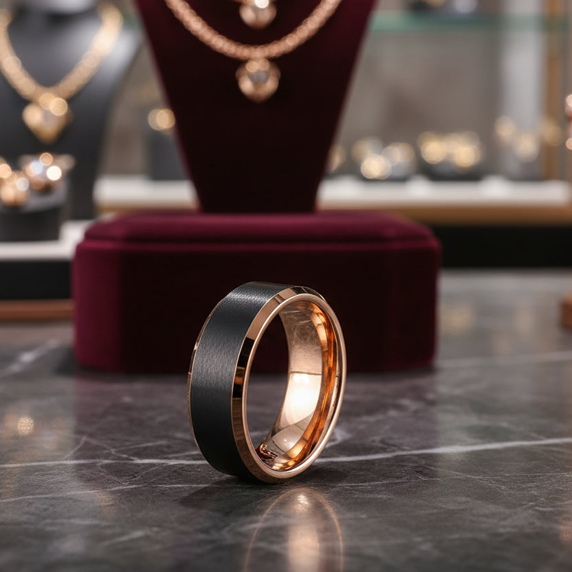 Black Tungsten Ring – Rose Gold Interior Wedding Band