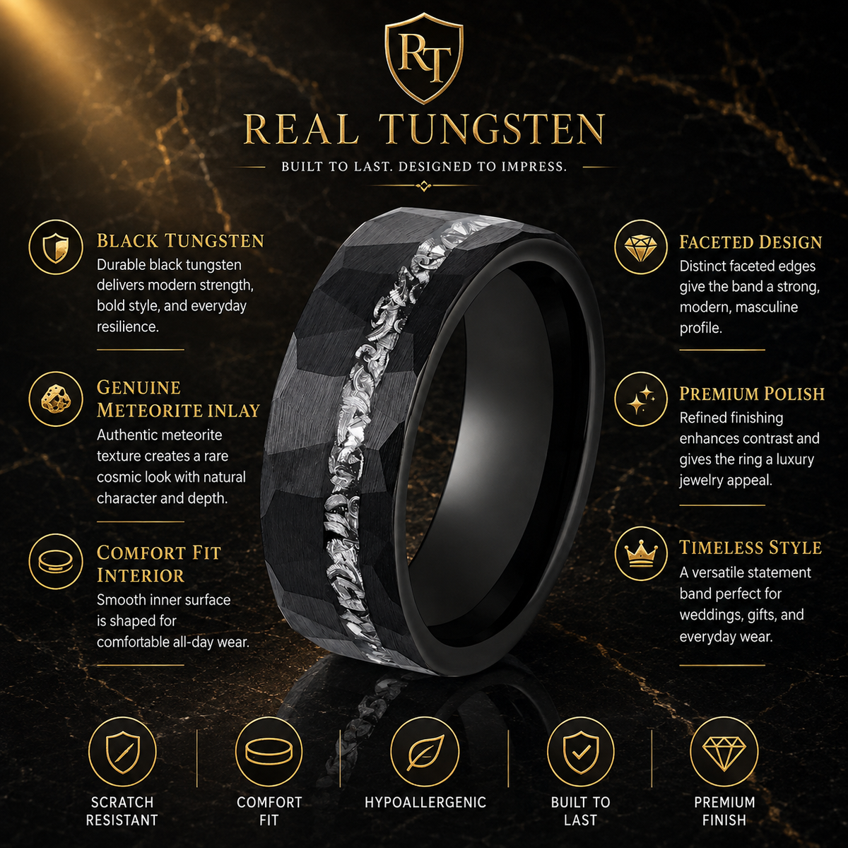 Black Tungsten Ring with Genuine Meteorite Inlay