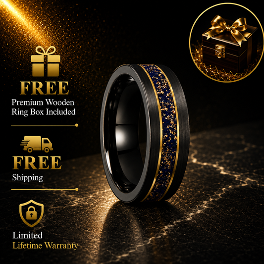 Black Tungsten Ring with Gold Edge & Lazuli Inlay