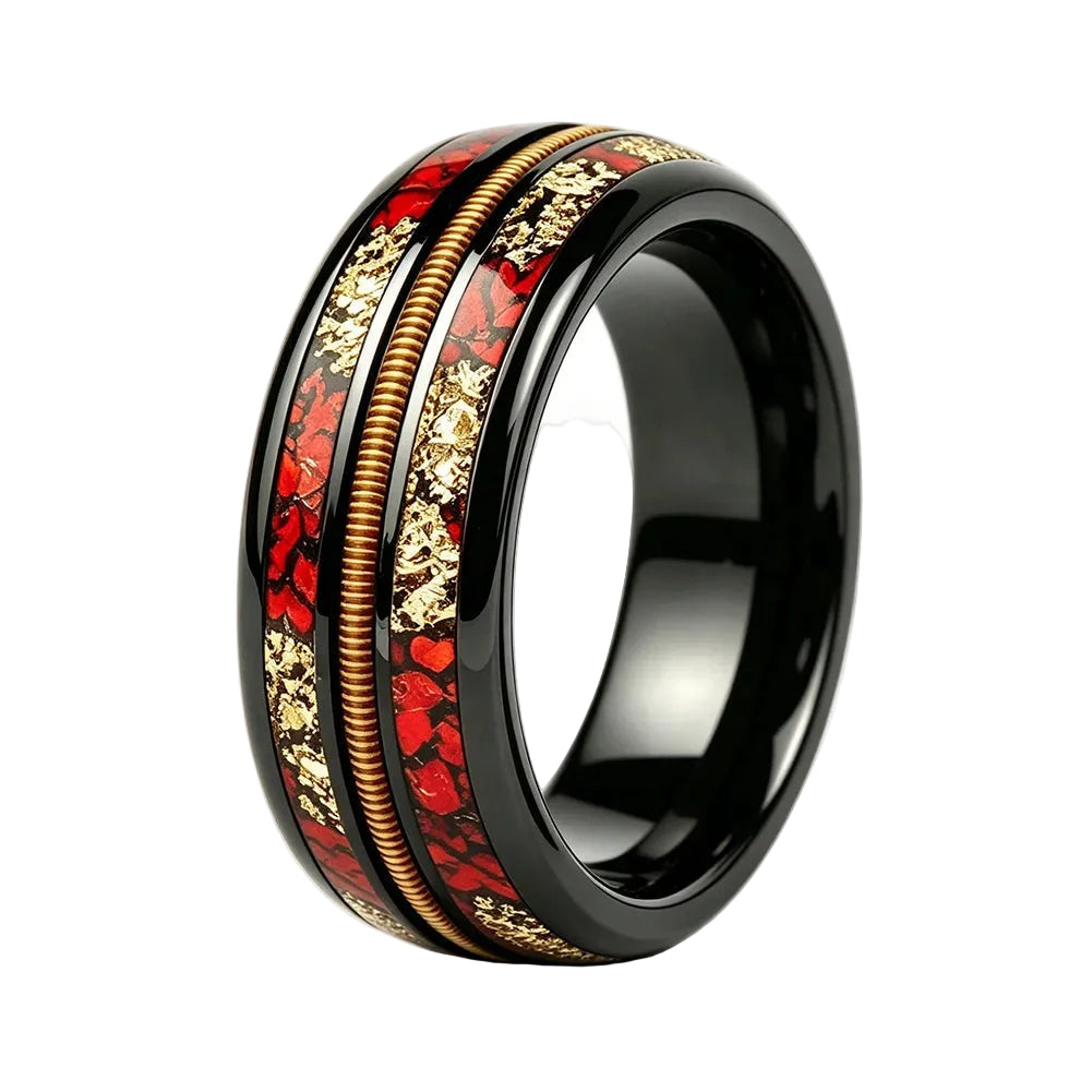 Black Tungsten Ring with Guitar String, Gold Foil & Red Opal Inlay