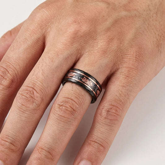 Black Tungsten Ring with Rose Gold Foil & Meteorite (8mm)