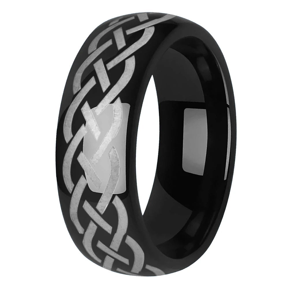 Black Tungsten Ring with Viking Celtic Knot Laser Engraving