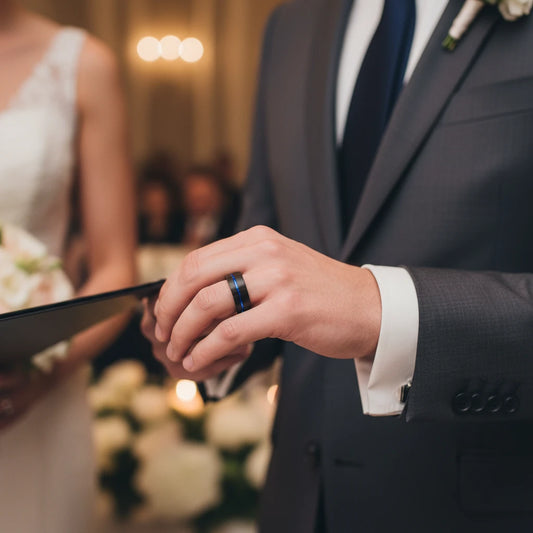 Black Tungsten Wedding Band with Blue Offset Groove