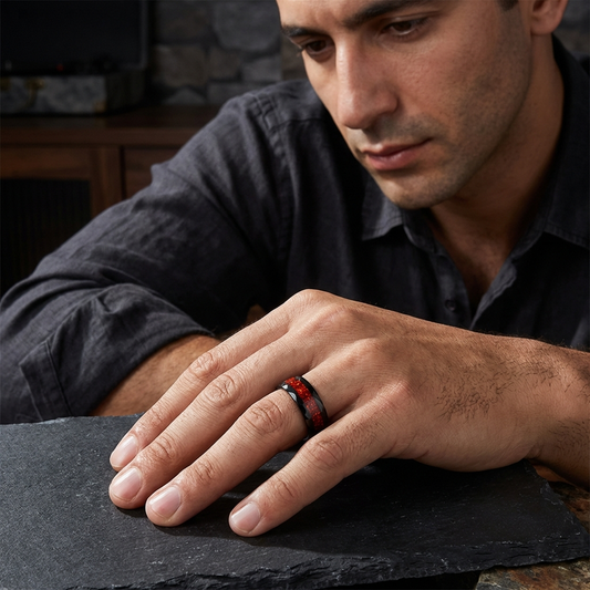 Black Tungsten Wedding Band with Red Inlay