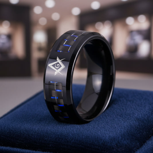Black Tungsten With Fiber Masonic Ring
