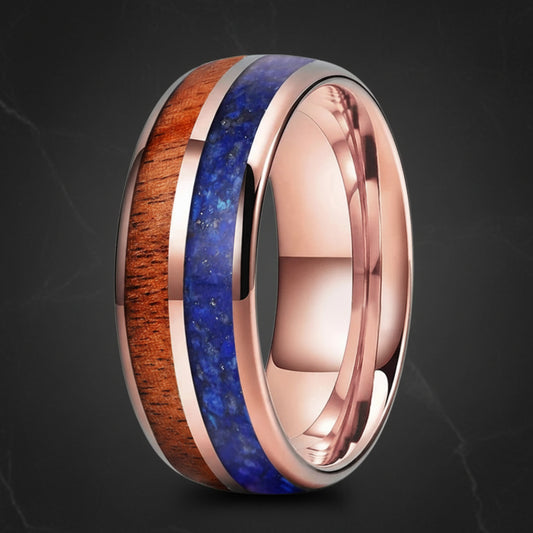 Blue Lapis & Koa Wood Tungsten Ring