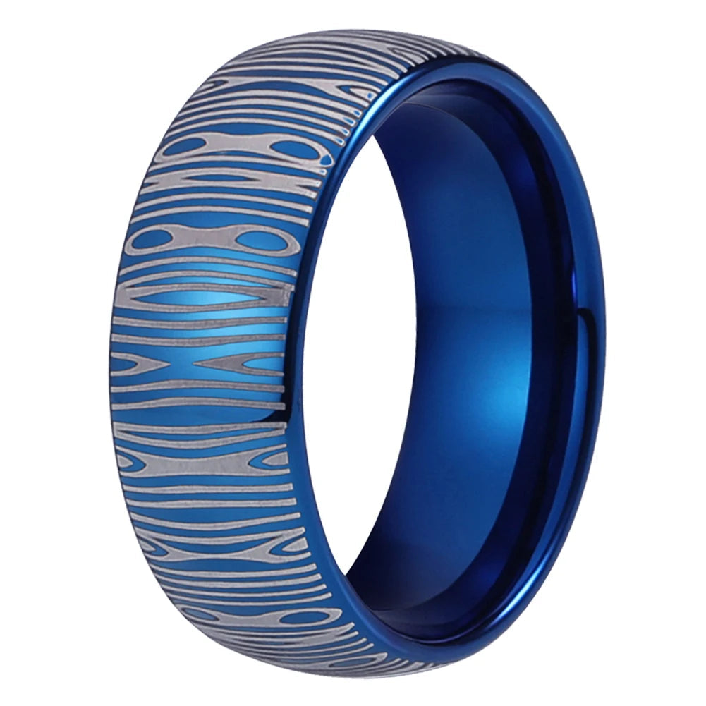 Blue Tungsten Damascus Ring