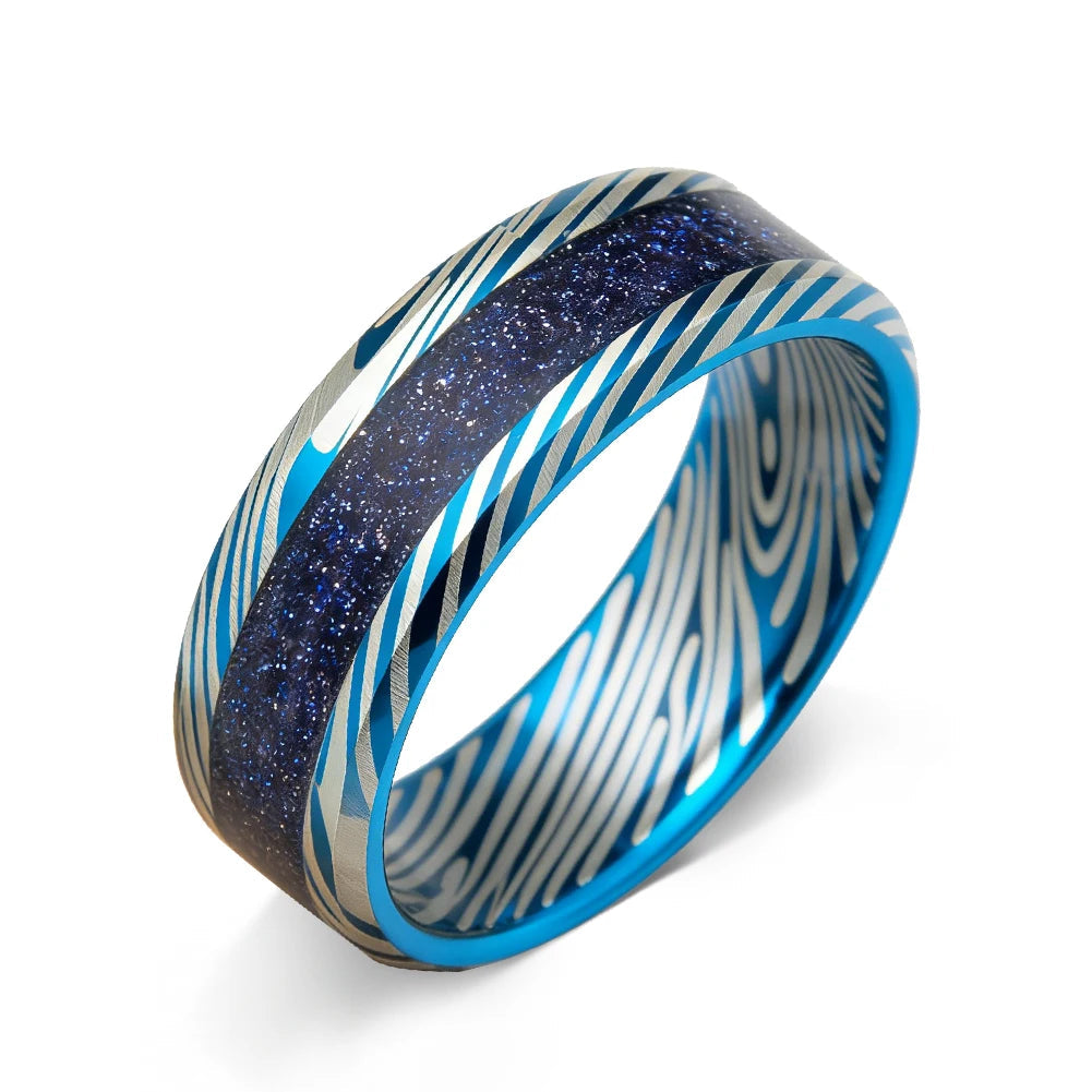 Blue Damascus Tungsten Ring with Starry Inlay