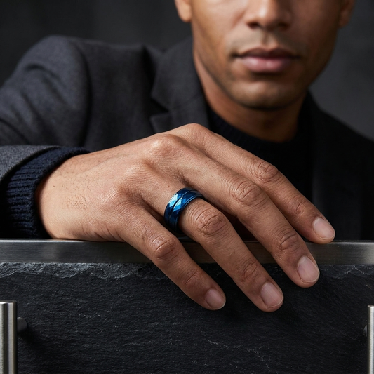 Blue Hammered Tungsten Ring