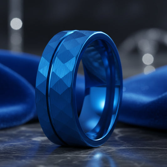 Blue Hammered Tungsten Ring