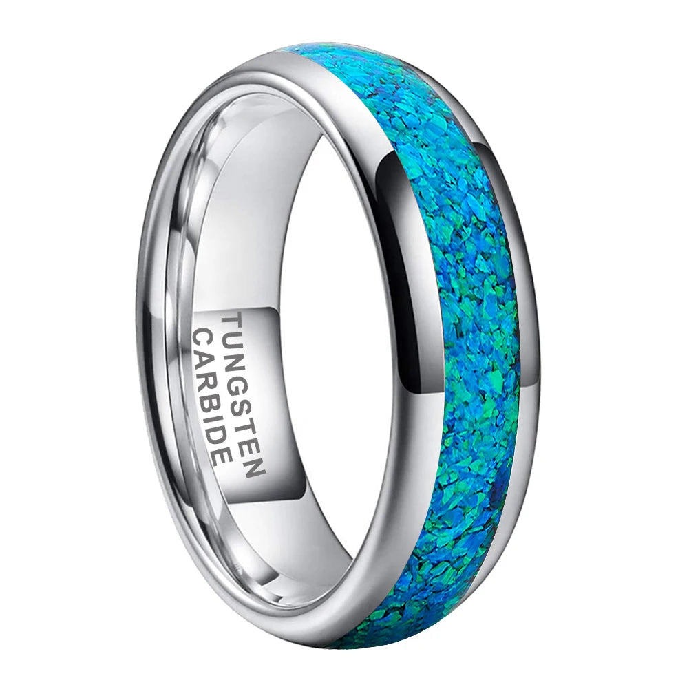 Blue Opal Inlay Tungsten Wedding Ring - Domed Polished Finish