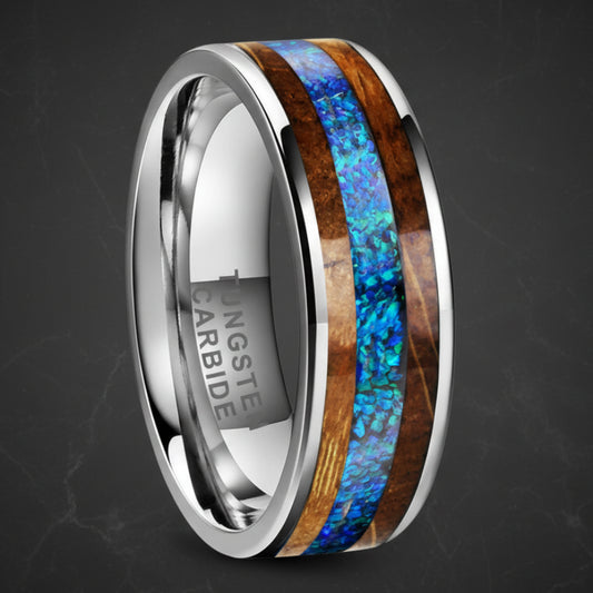 Blue Opal and Whiskey Barrel Wood Tungsten Ring