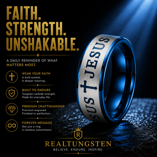 Blue Tungsten Cross Ring