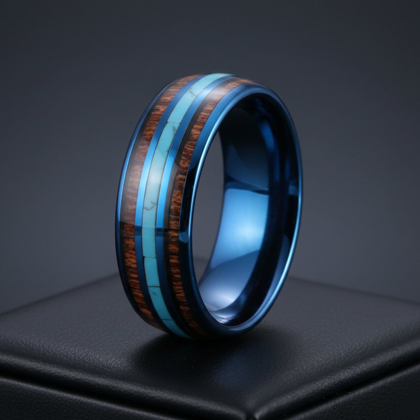 Blue Tungsten Ring with Koa Wood & Turquoise Inlay
