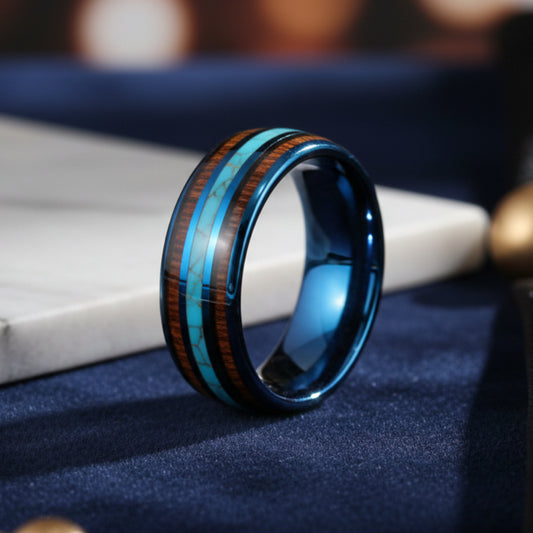 Blue Tungsten Ring with Koa Wood & Turquoise Inlay
