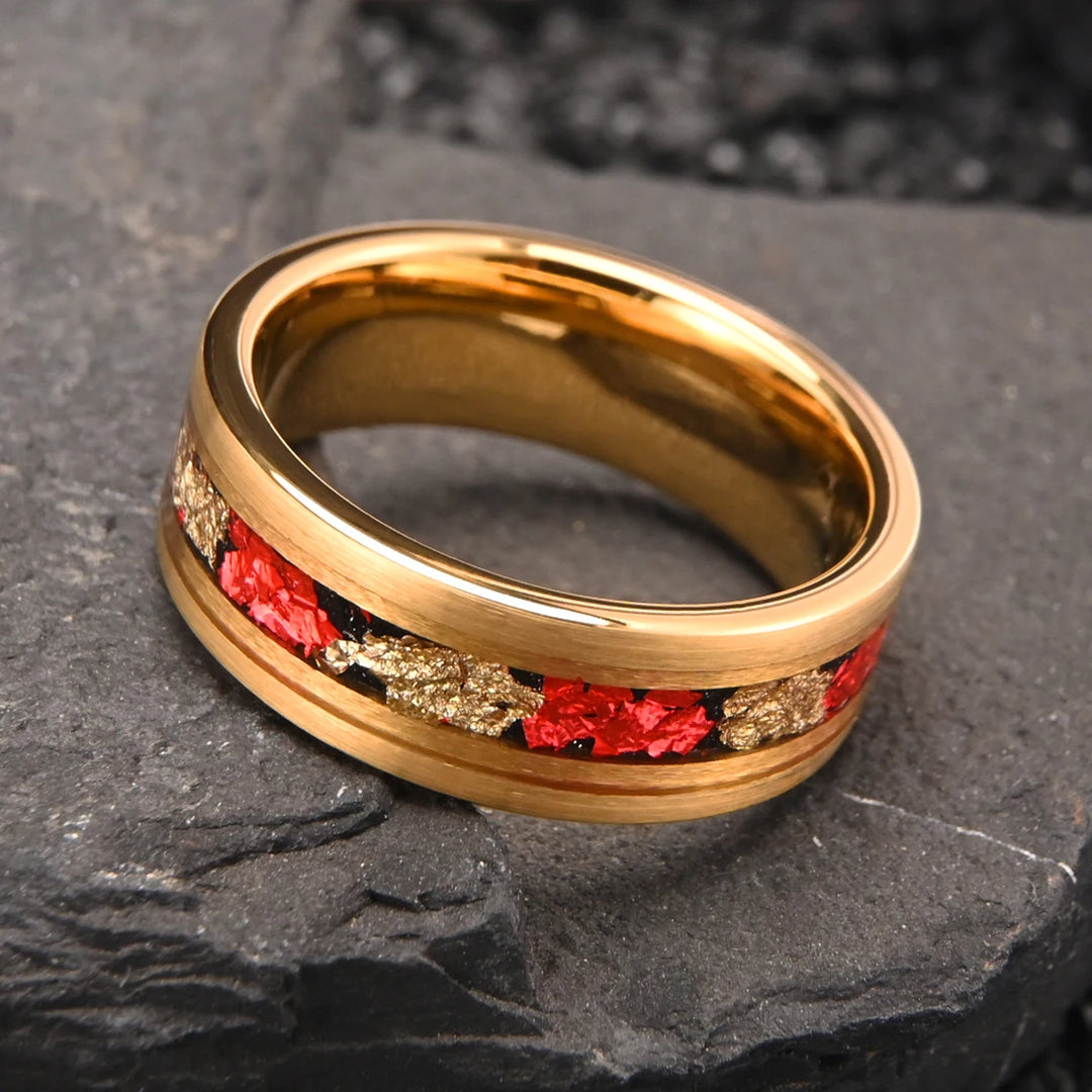 Brushed Gold 8mm Tungsten Ring with Red Foil Inlay
