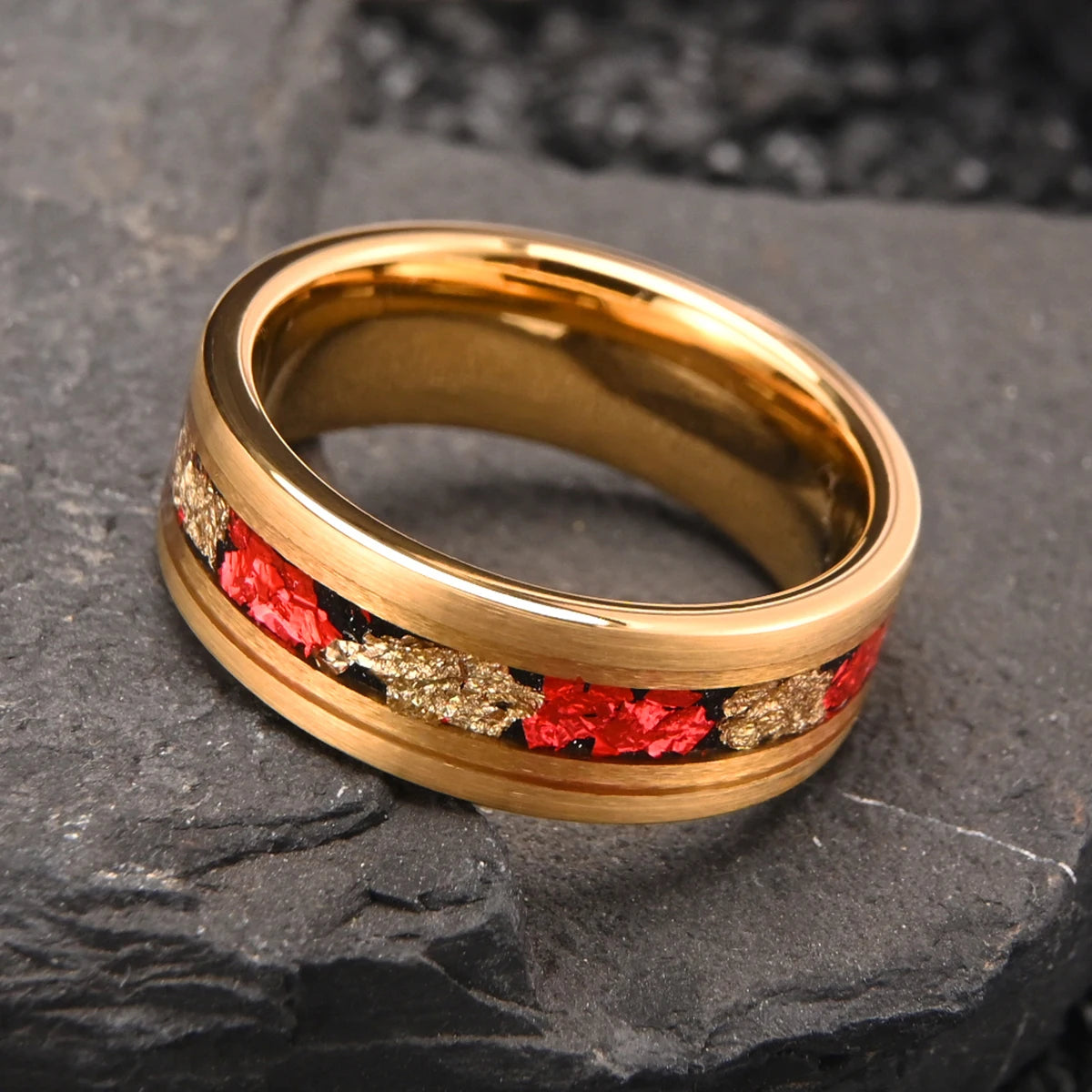 Brushed Gold 8mm Tungsten Ring with Red Foil Inlay