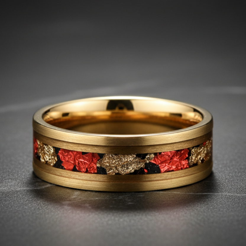 Brushed Gold 8mm Tungsten Ring with Red Foil Inlay - RealTungsten
