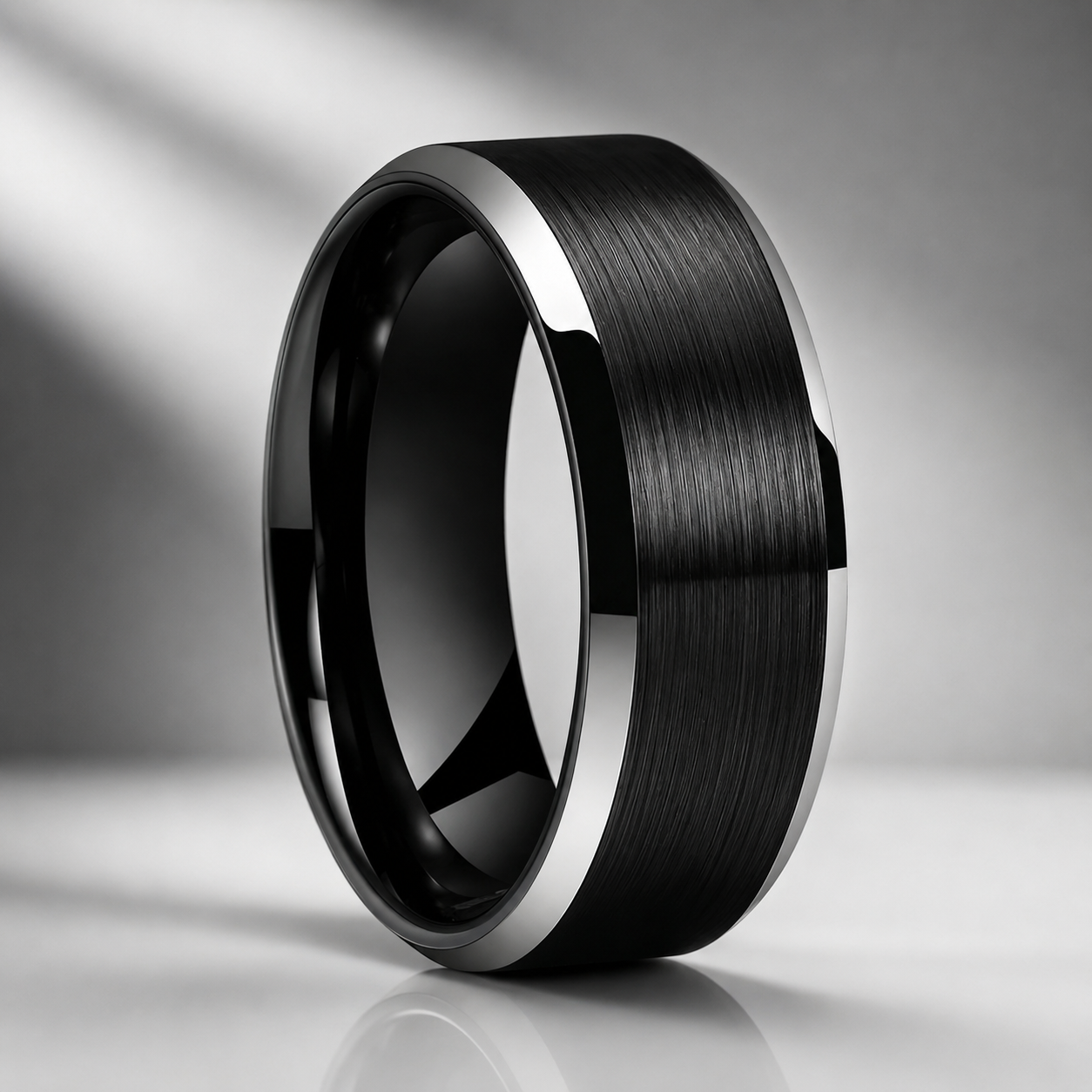 Brushed Tungsten Ring with Beveled Polished Finish