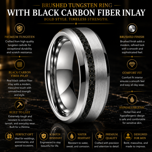 Brushed Tungsten Ring with Black Carbon Fiber Inlay