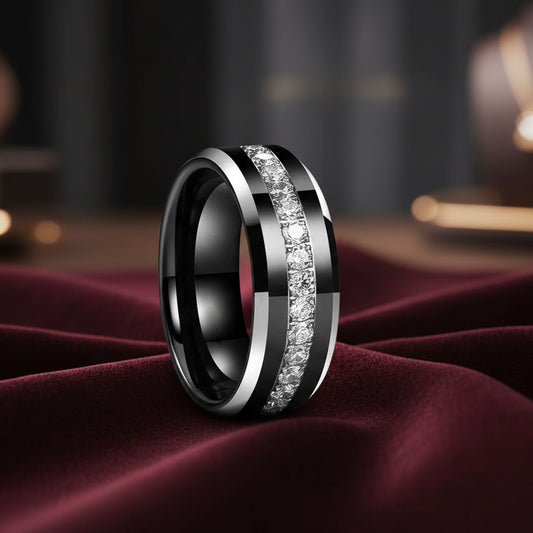 CZ Stone Inlay Black Tungsten Wedding Band