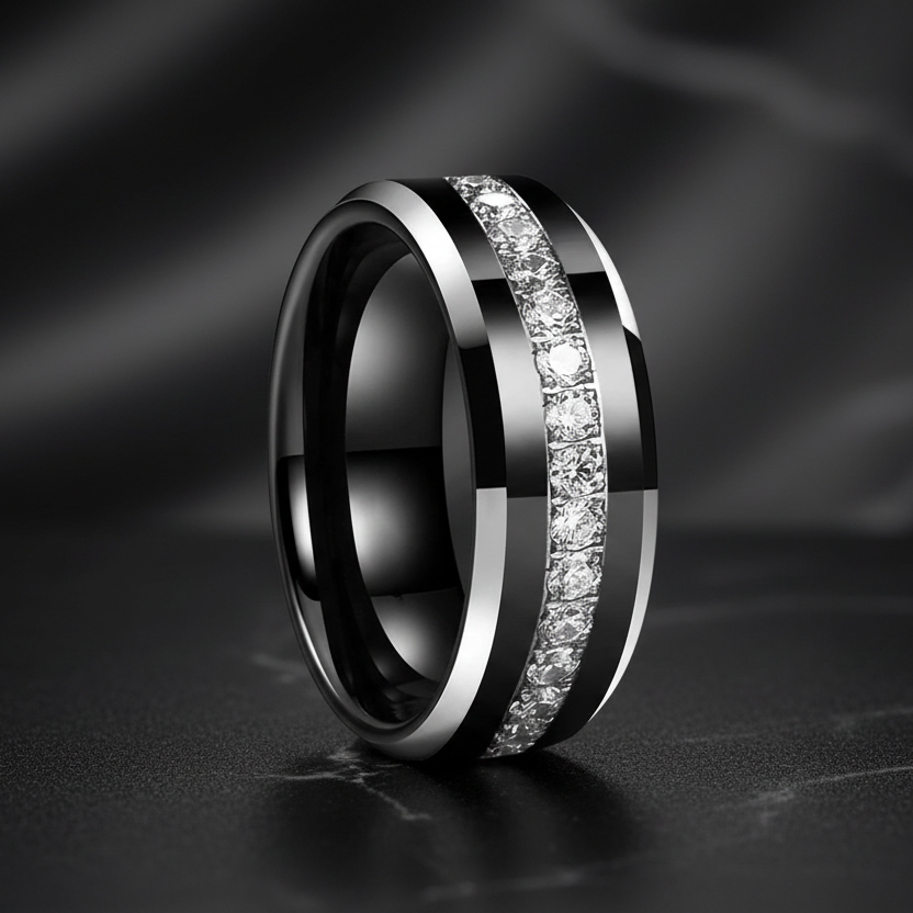 CZ Stone Inlay Black Tungsten Wedding Band