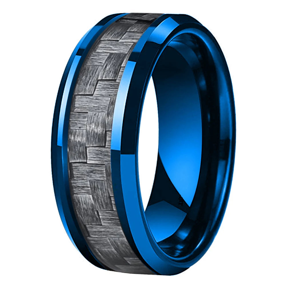 Carbon Fiber Inlay Blue Tungsten Wedding Ring