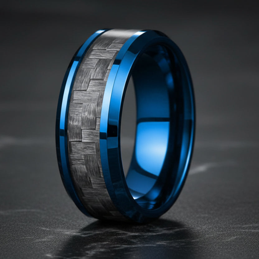 Carbon Fiber Inlay Blue Tungsten Wedding Ring