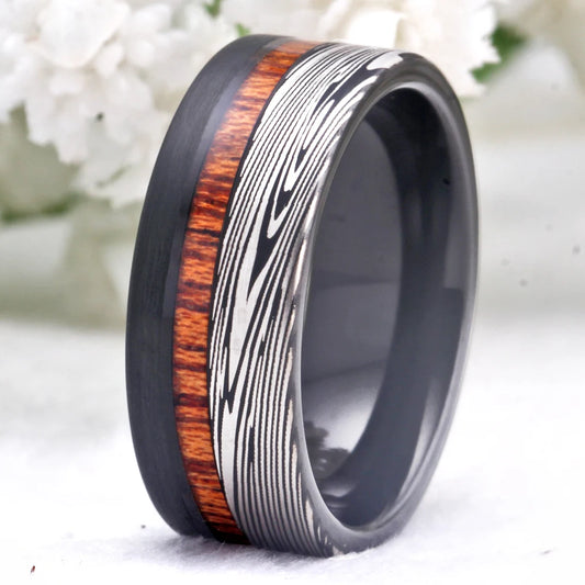 Damascus Steel Patteren Wood Inlay Tungsten Carbide ring