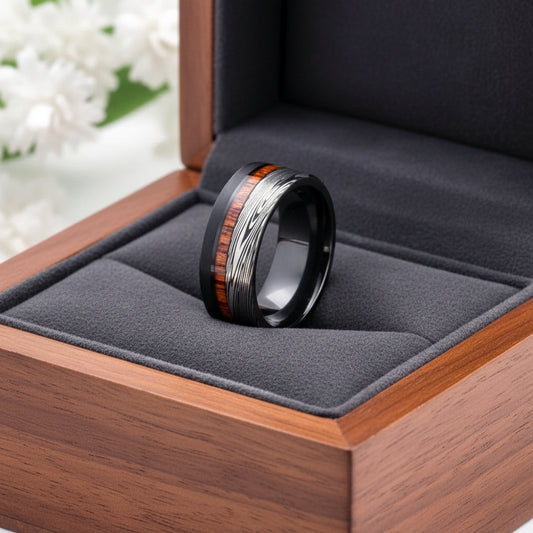 Damascus Steel Patteren Wood Inlay Tungsten Carbide ring