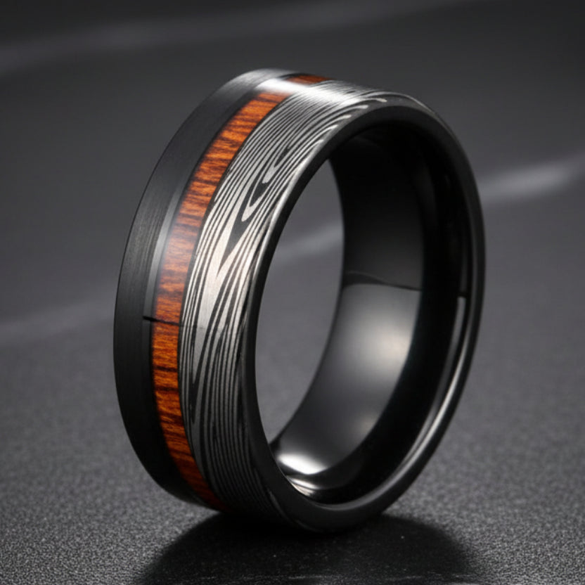 Damascus Steel Patteren Wood Inlay Tungsten Carbide ring
