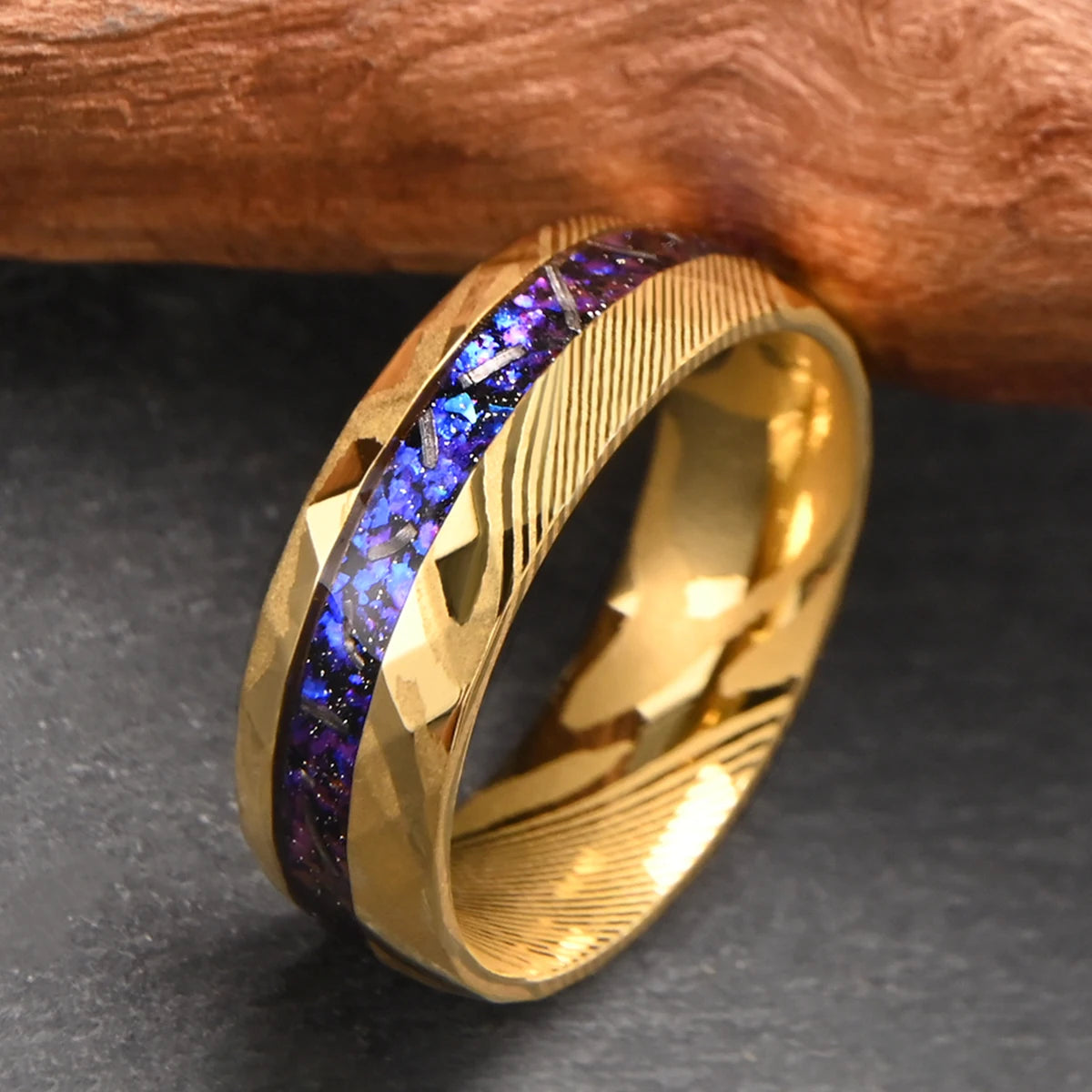 Damascus Steel Ring with Purple Amethyst