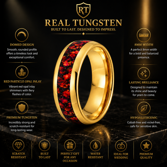 Domed Tungsten Ring with Red Particle Opal Inlay