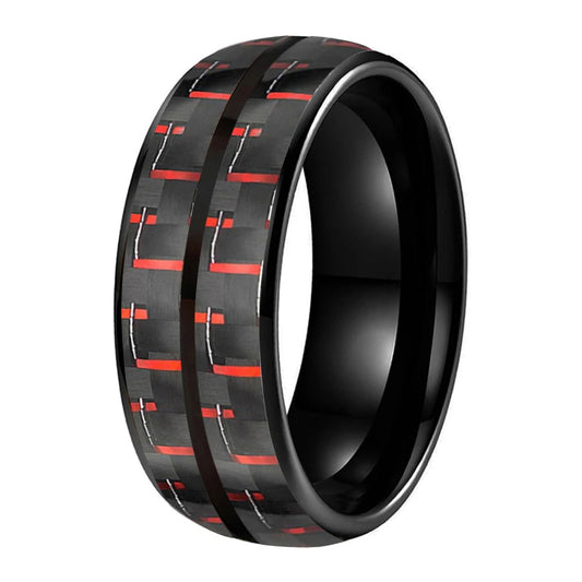 Double Groove Black Red Carbon Fiber Inlay Tungsten Ring