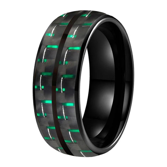 Double Groove Black Green Carbon Fiber Inlay Tungsten Ring